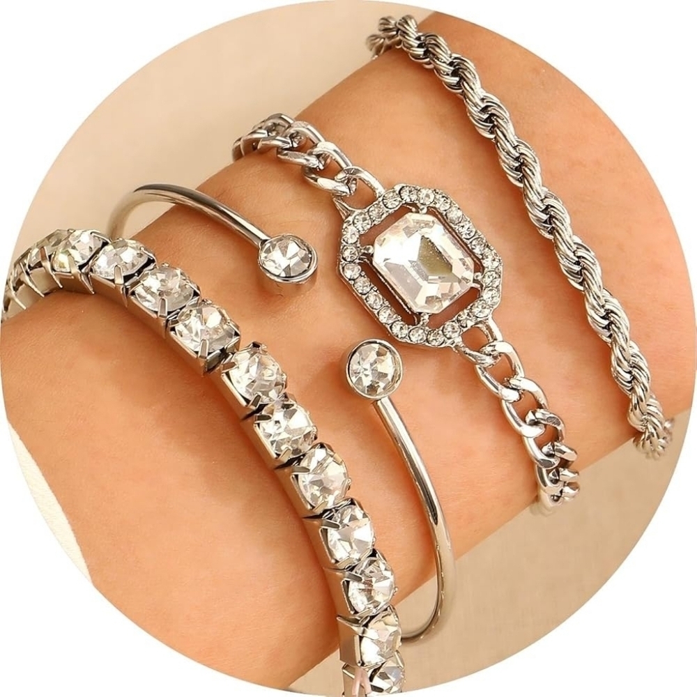 14K Gold Plated Silver Stackable Multilayer Bracelets Set